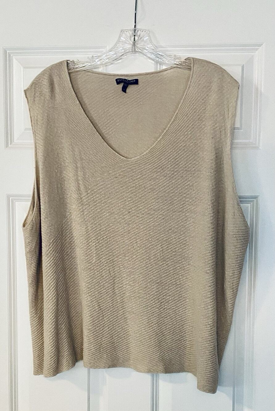 Eileen Fisher Woman 3X Organic Linen Melange V-Neck Boxy Top Tan Beige